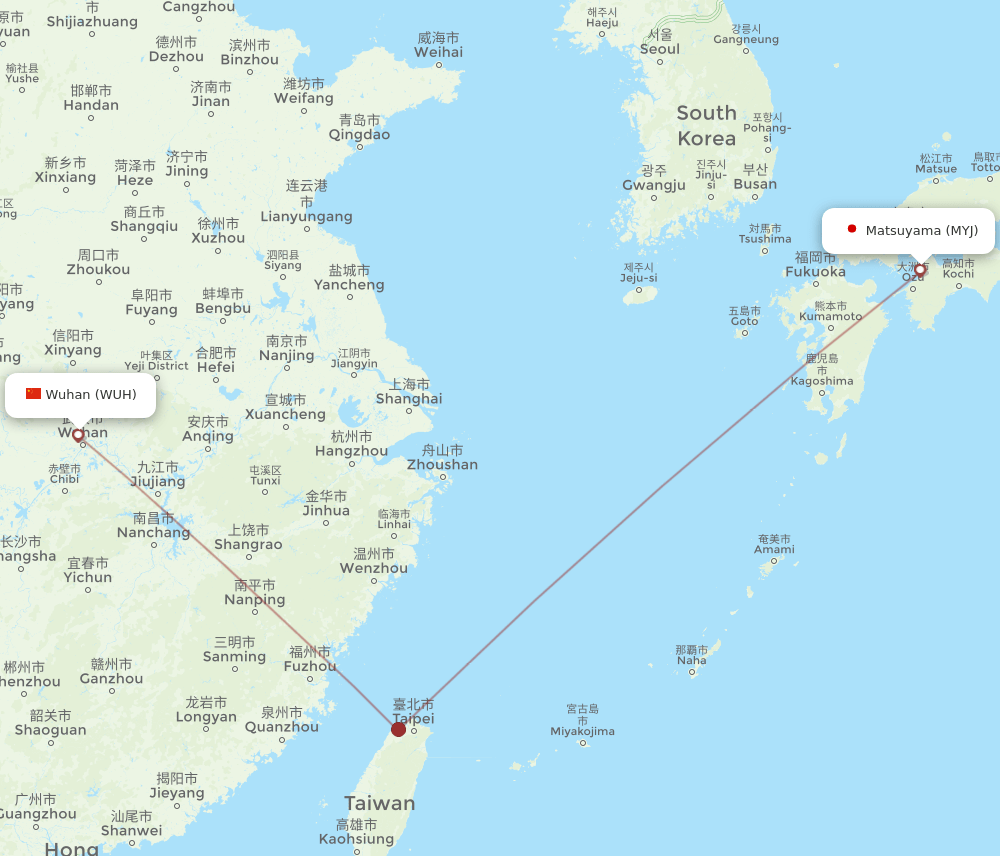 Wuhan - Matsuyama route map and flight paths