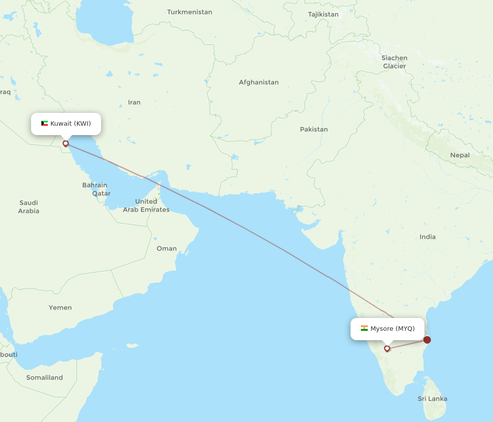 Kuwait - Mysore route map and flight paths