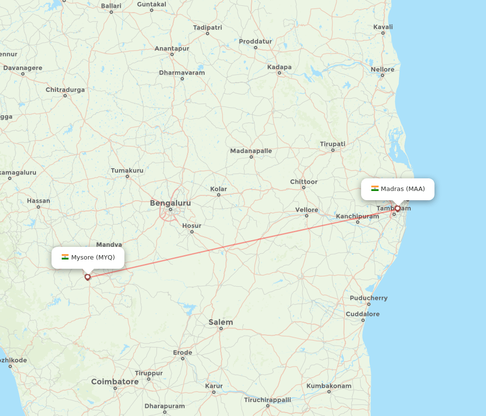 Mysore - Chennai route map and flight paths