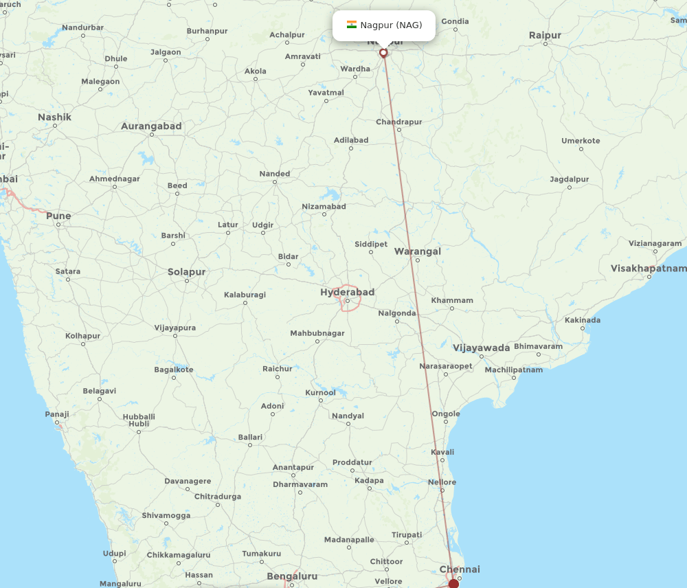 Nagpur - Mysore route map and flight paths