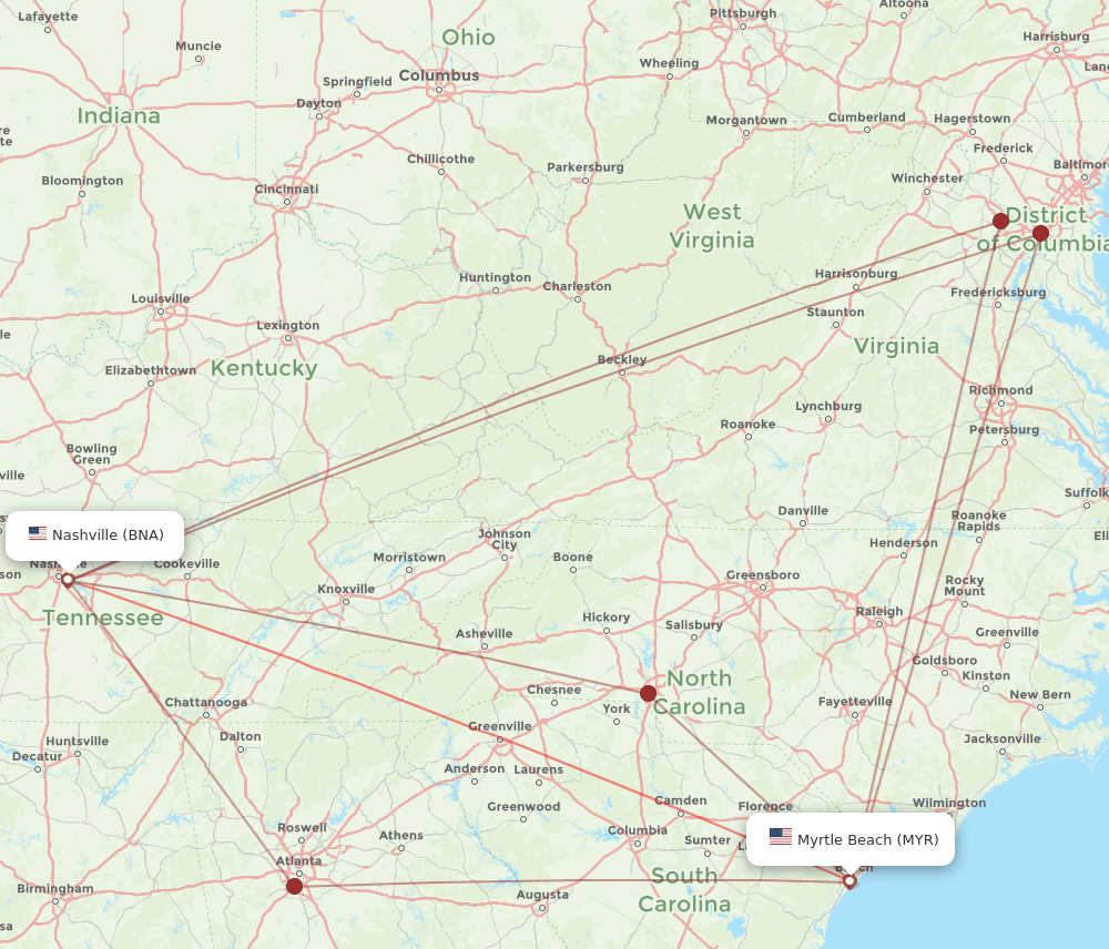 MYR-BNA flight routes
