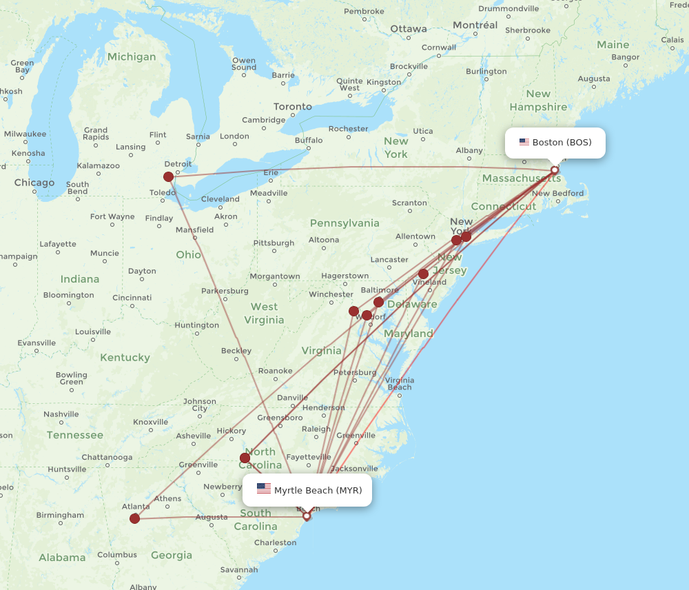 MYR to BOS flights and routes map