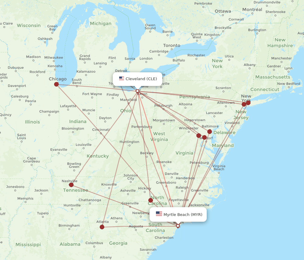 MYR to CLE flights and routes map