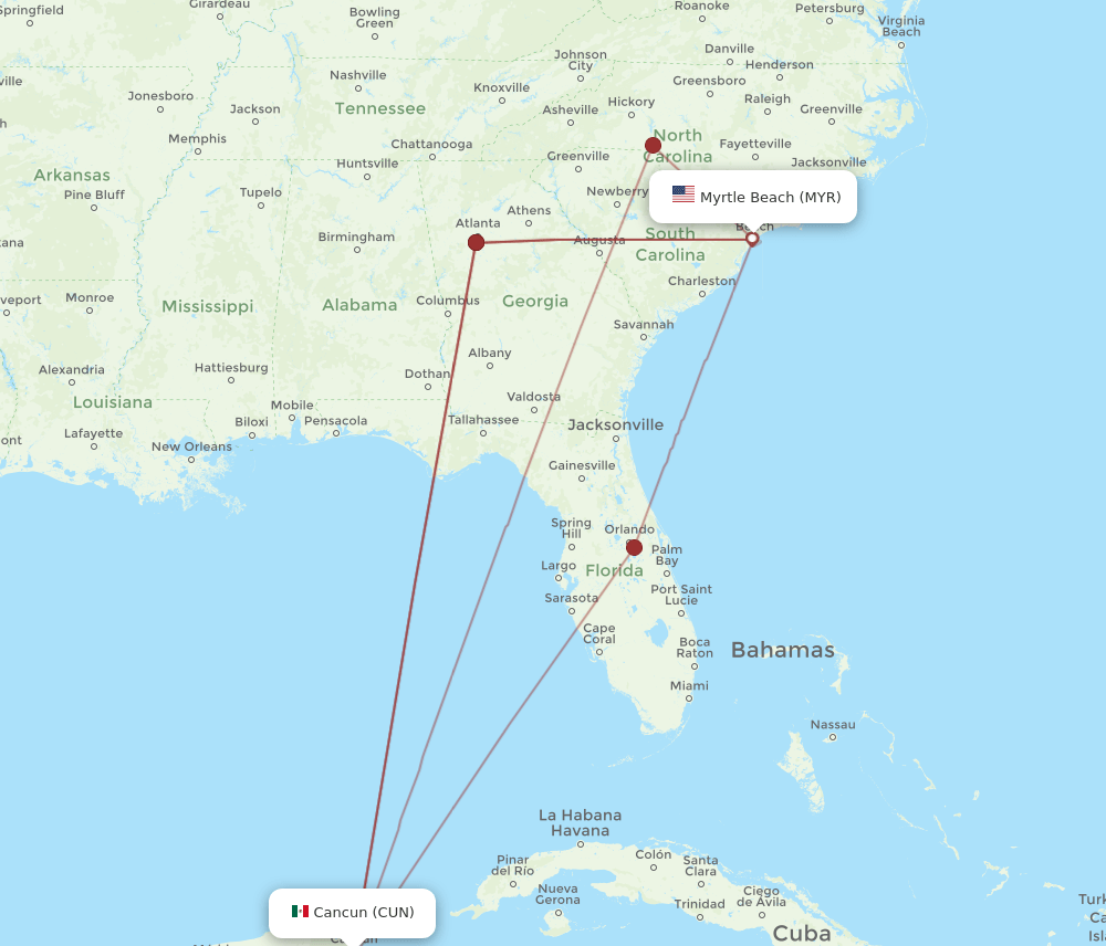 MYR-CUN flight routes