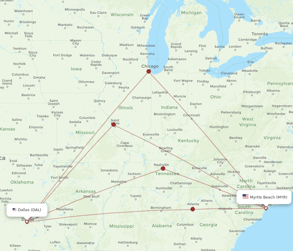 MYR to DAL flights and routes map