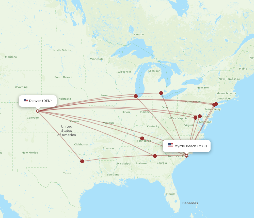 MYR to DEN flights and routes map