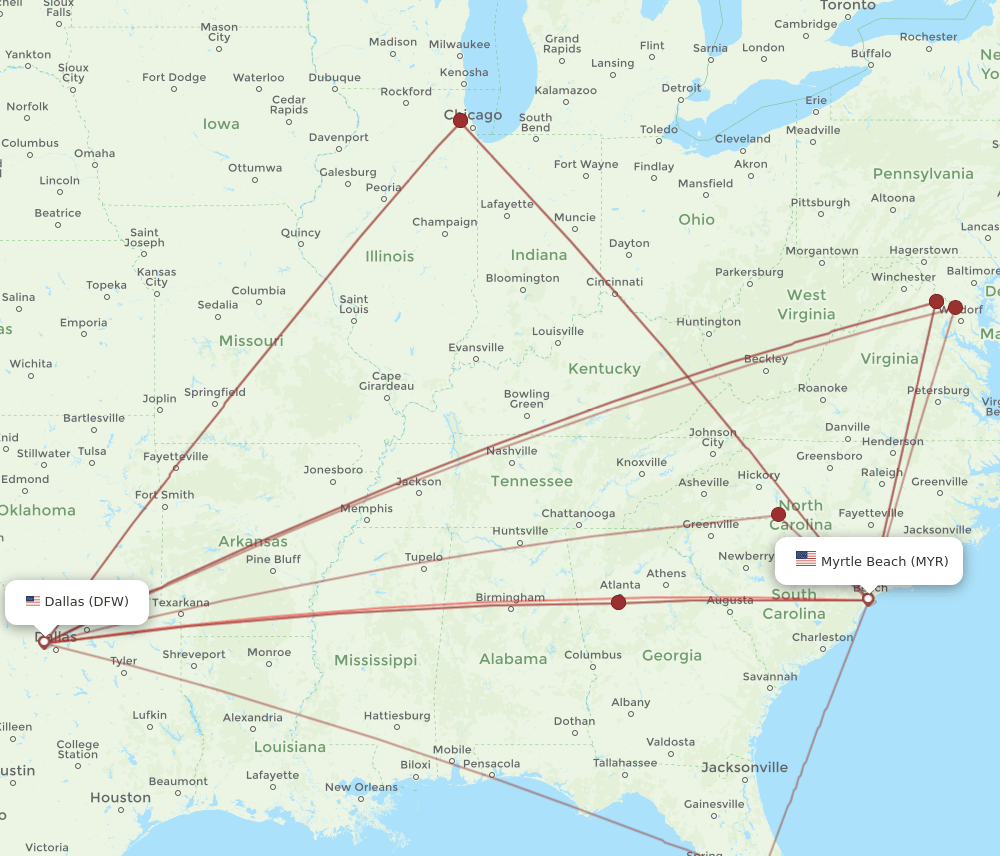 MYR-DFW flight routes
