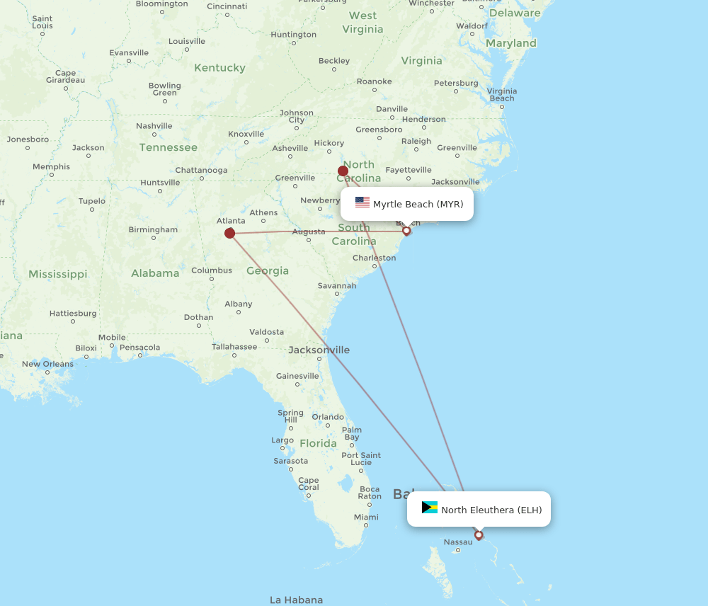 MYR to ELH flights and routes map