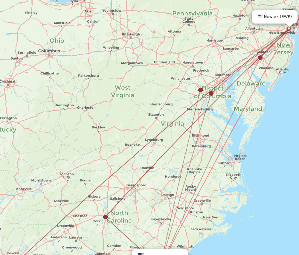 MYR-EWR flight routes