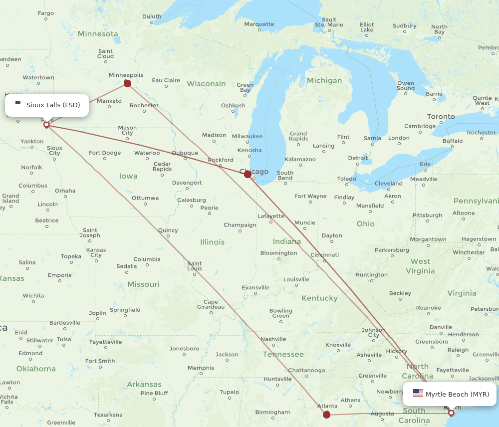 MYR-FSD flight routes