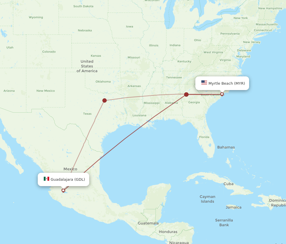 MYR-GDL flight routes