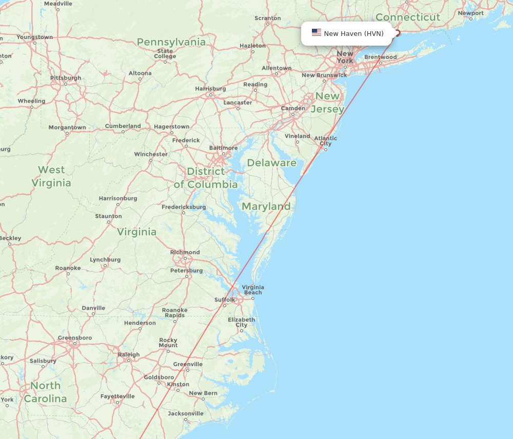 Myrtle Beach - New Haven route map and flight paths