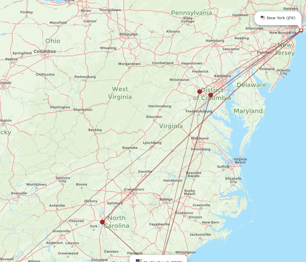MYR-JFK flight routes