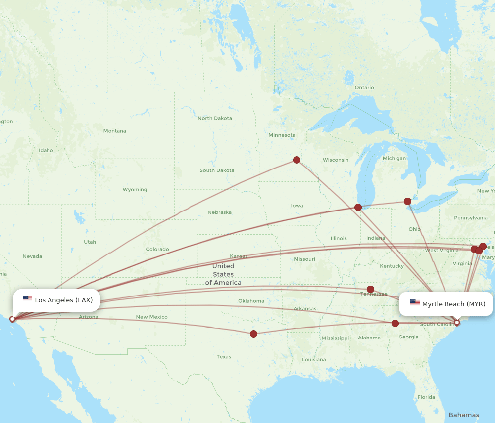 MYR-LAX flight routes