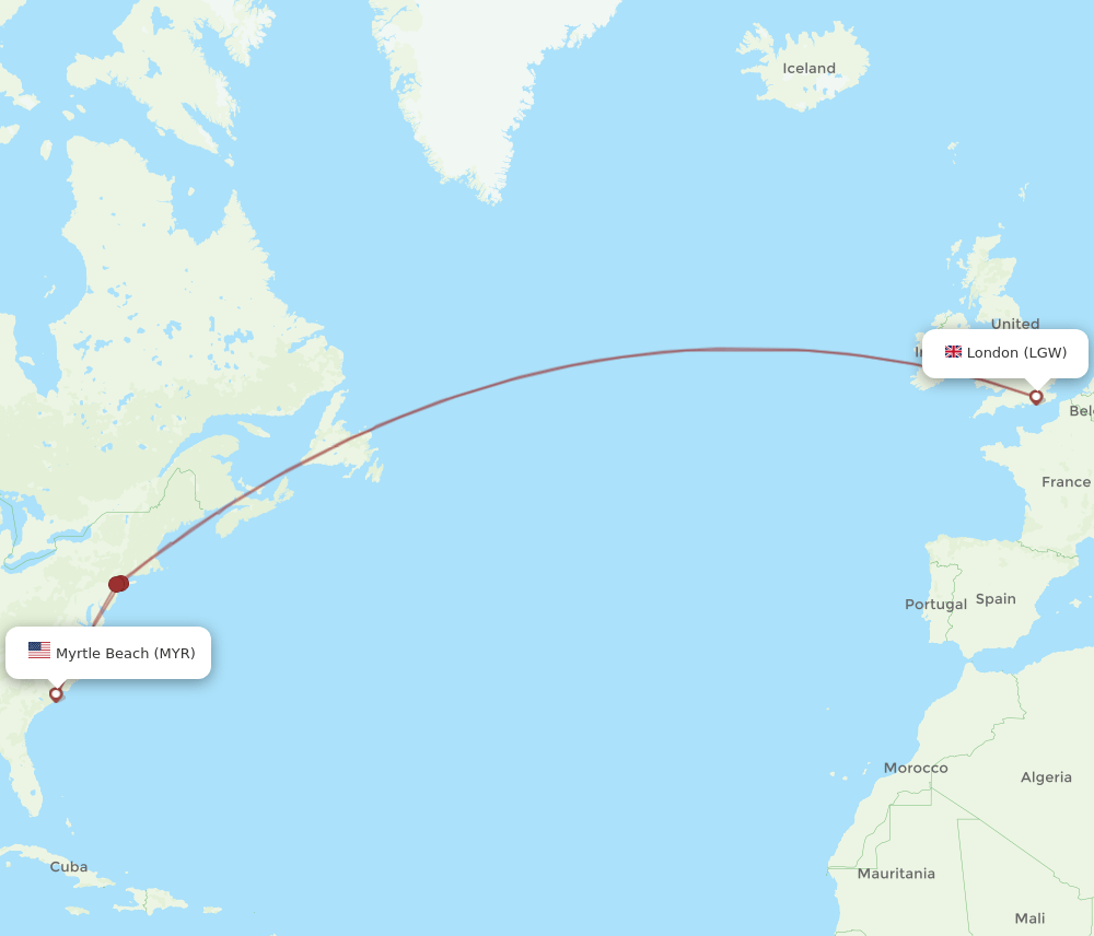 London - Myrtle Beach route map and flight paths