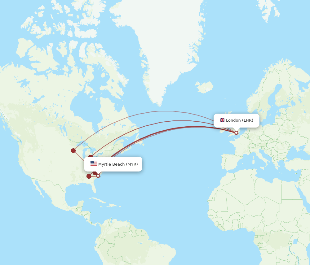 MYR to LHR flights and routes map