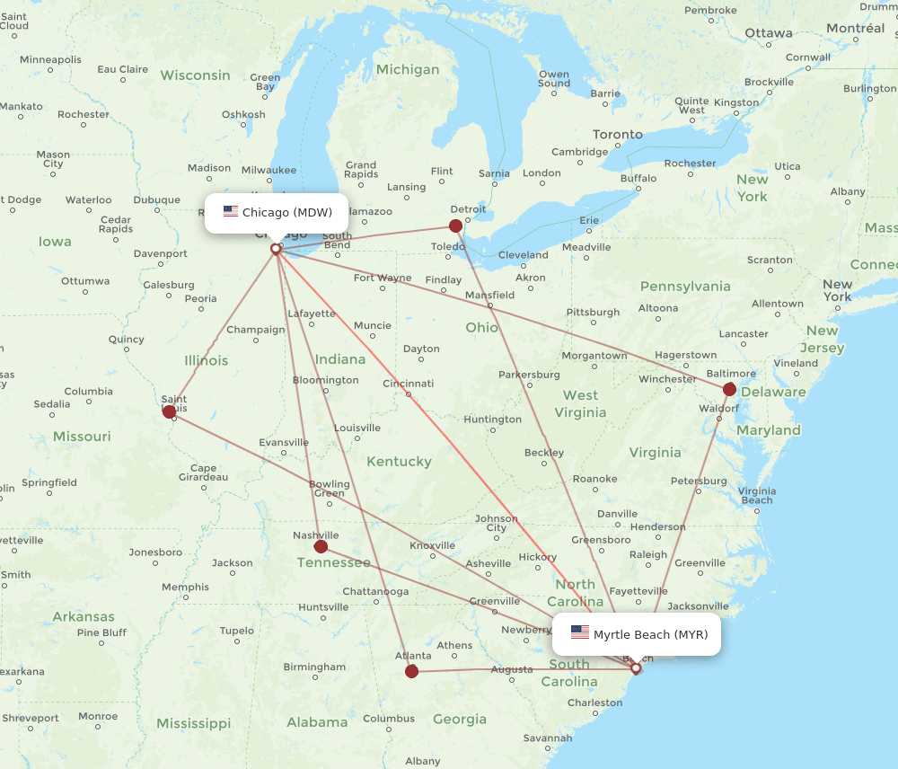 MYR-MDW flight routes