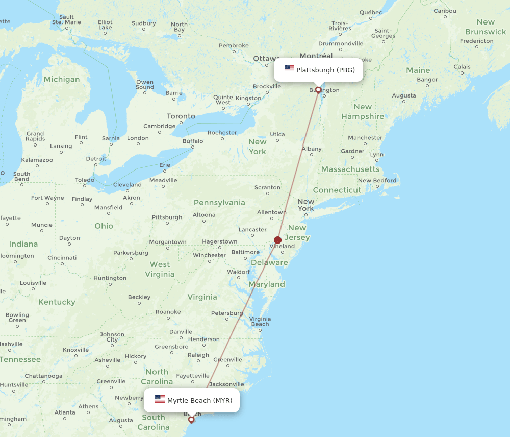 Myrtle Beach - Plattsburgh route map and flight paths