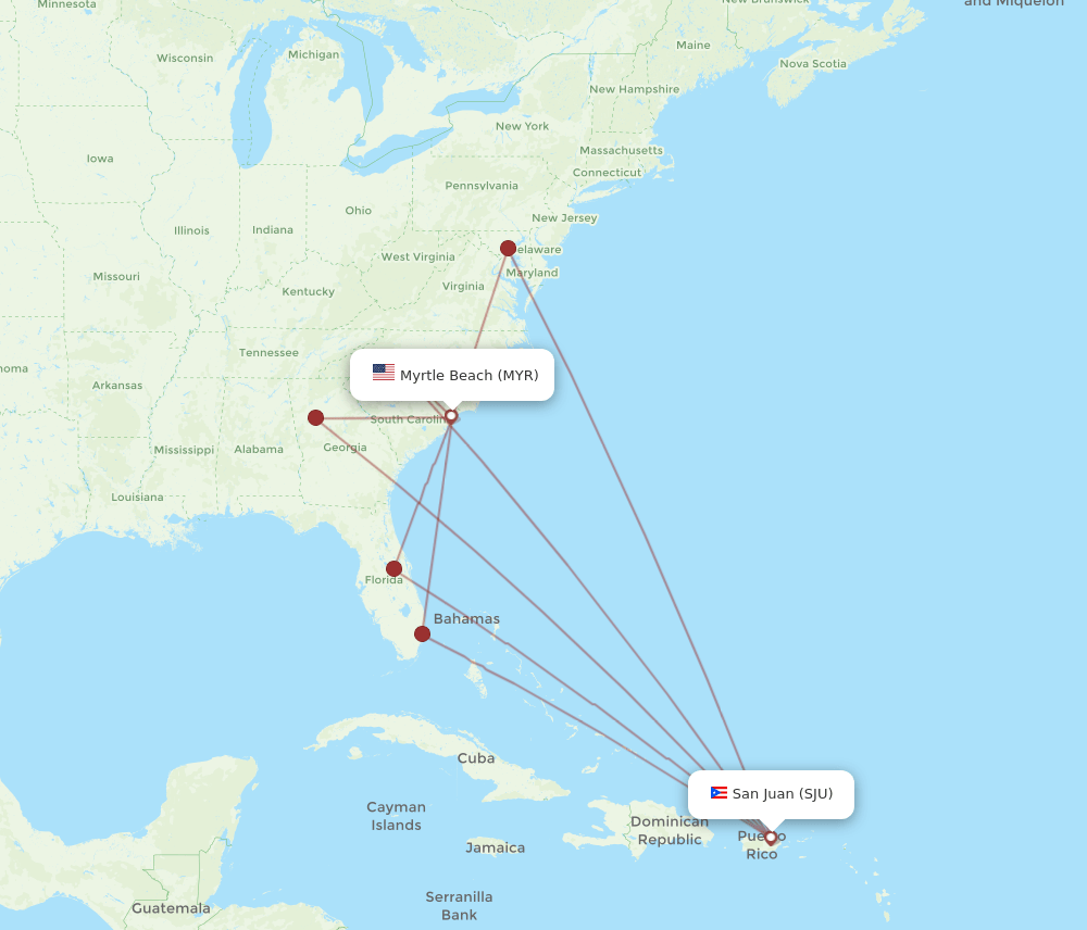 MYR to SJU flights and routes map