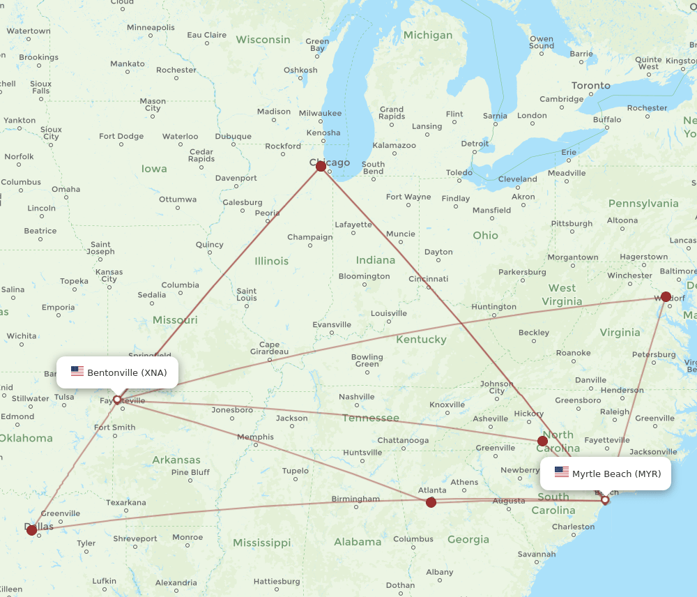 MYR to XNA flights and routes map