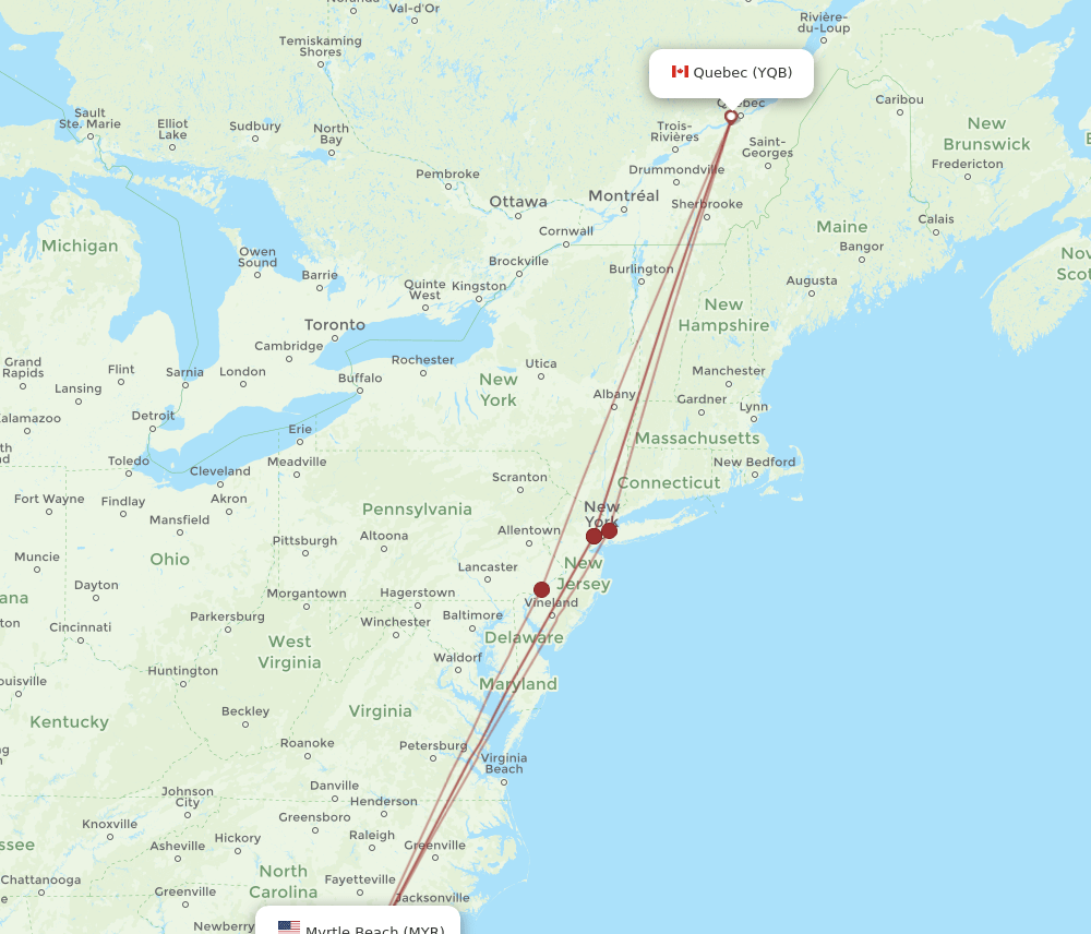 MYR-YQB flight routes