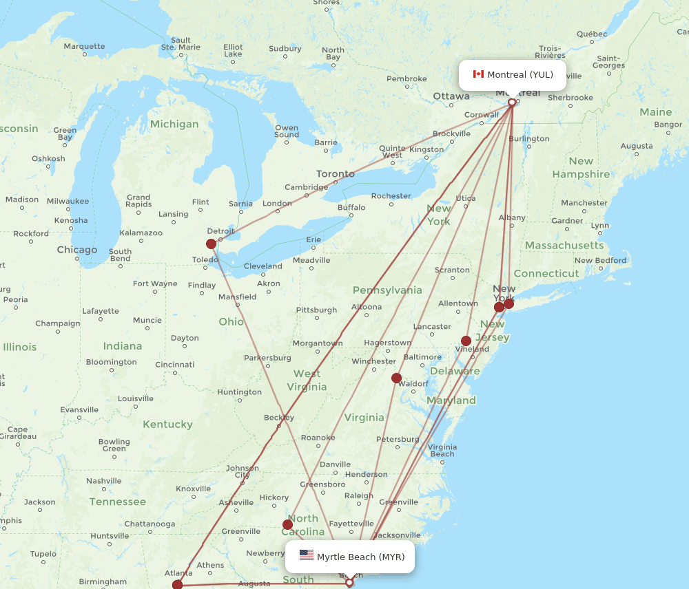MYR-YUL flight routes