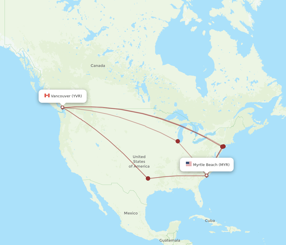 MYR-YVR flight routes