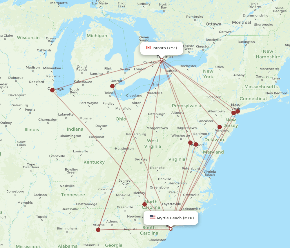 MYR-YYZ flight routes