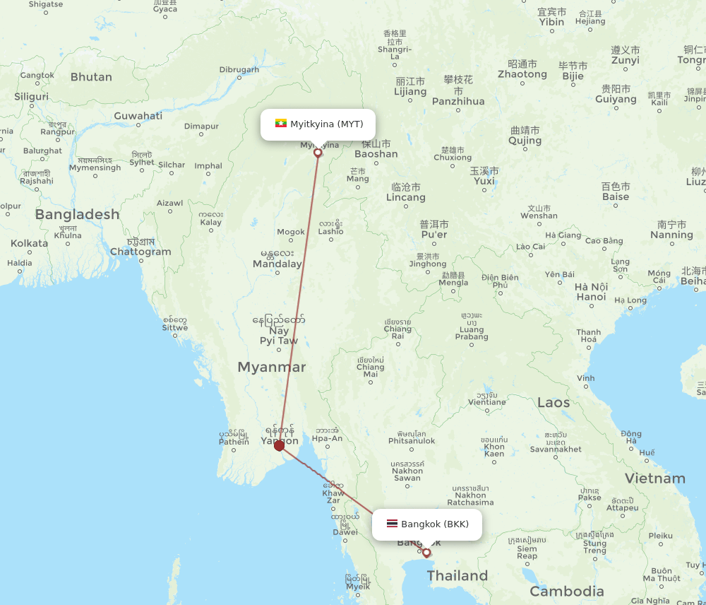 Bangkok - Myitkyina route map and flight paths