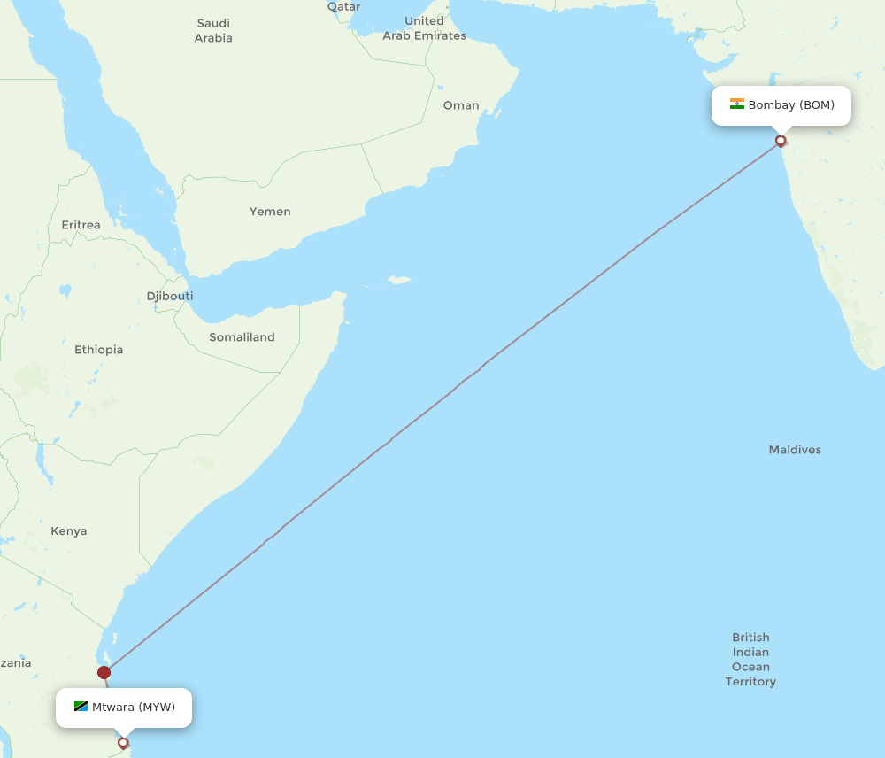 Mumbai - Mtwara route map and flight paths