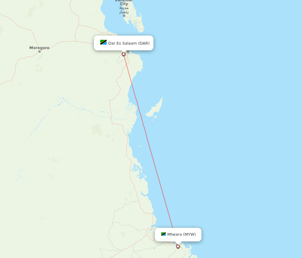 Mtwara - Dar Es Salaam route map and flight paths