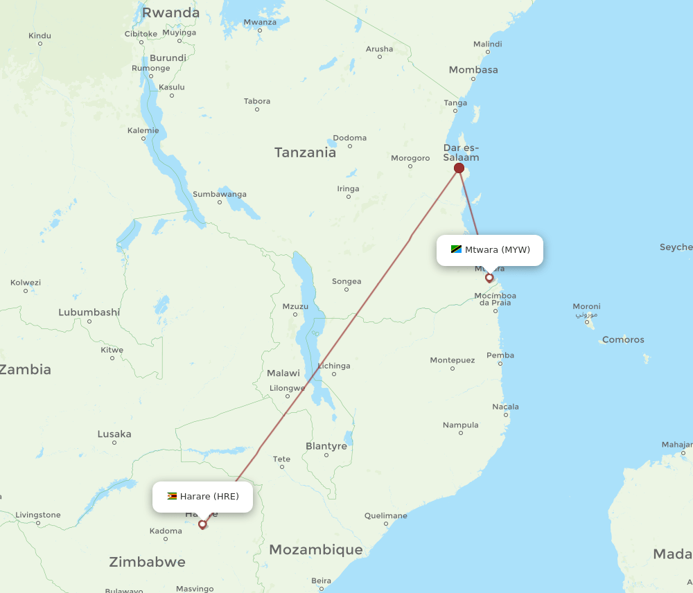 MYW-HRE flight routes