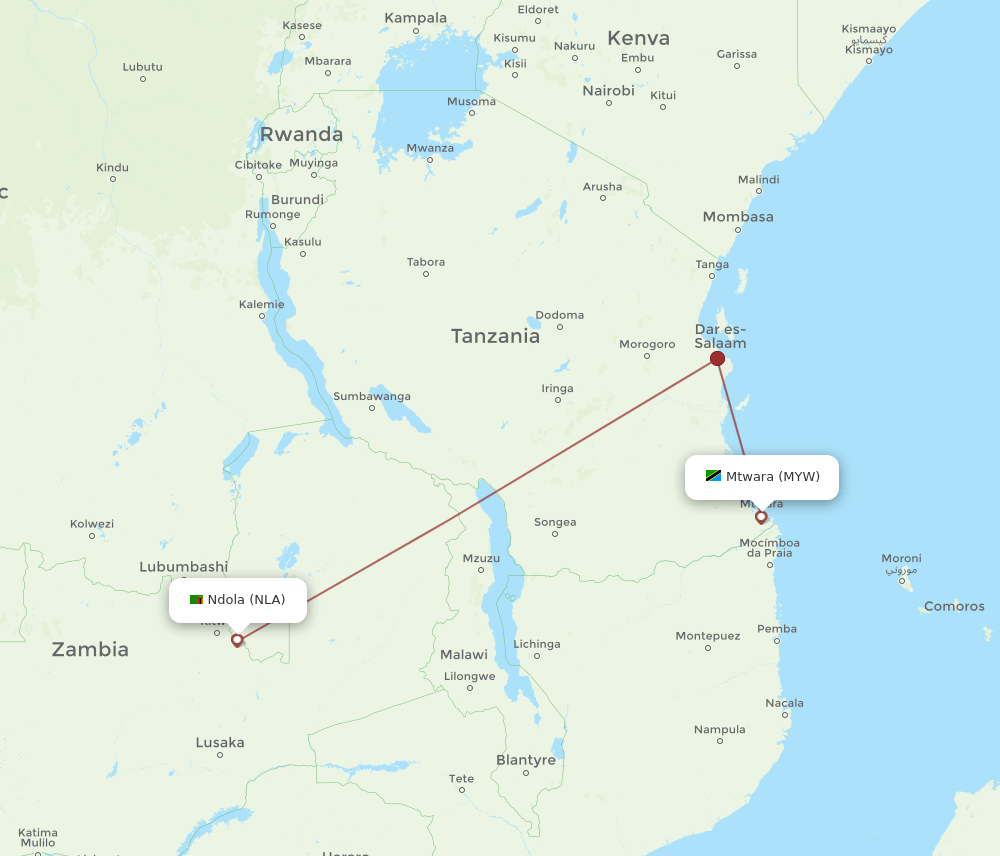 MYW-NLA flight routes