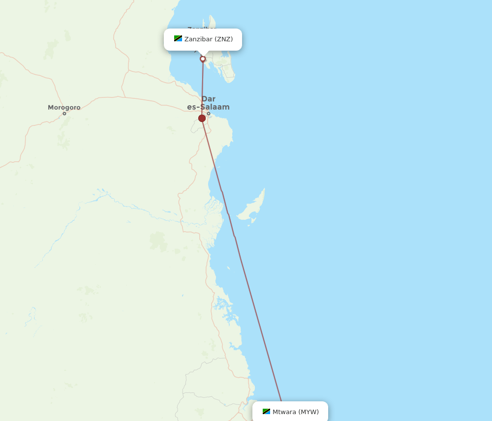 ZNZ to MYW flights and routes map