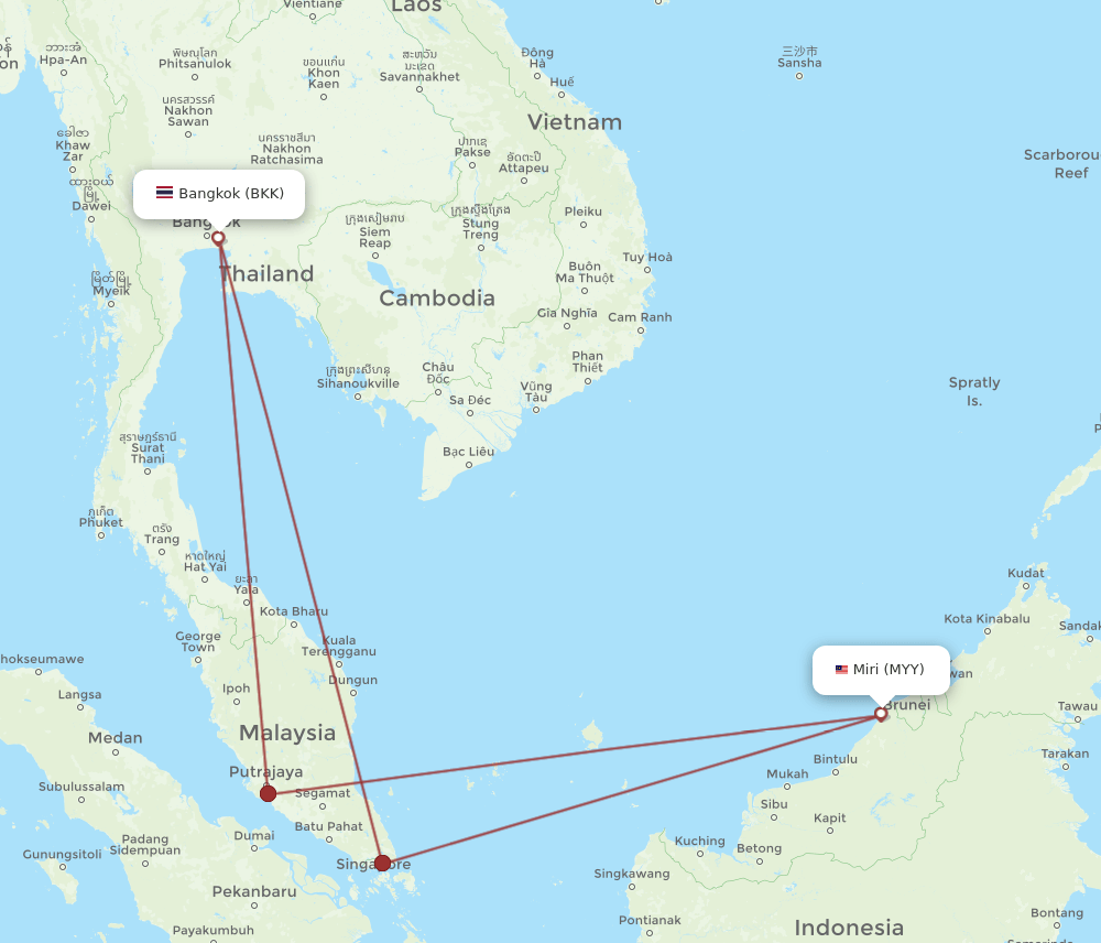 MYY to BKK flights and routes map