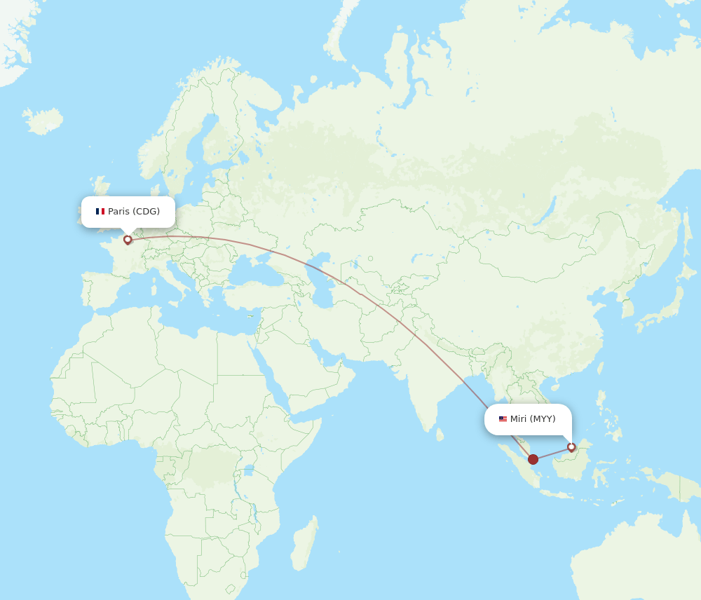 Paris - Miri route map and flight paths