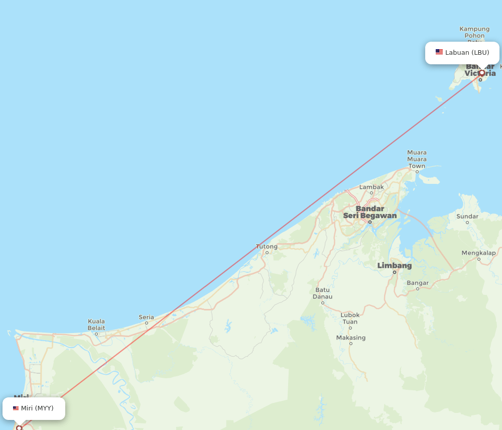 MYY to LBU flights and routes map