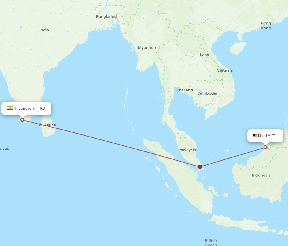 Thiruvananthapuram - Miri route map and flight paths