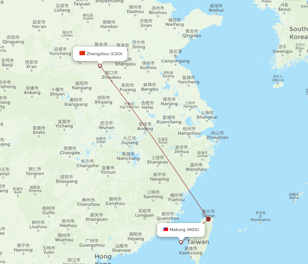 Zhengzhou - Magong route map and flight paths