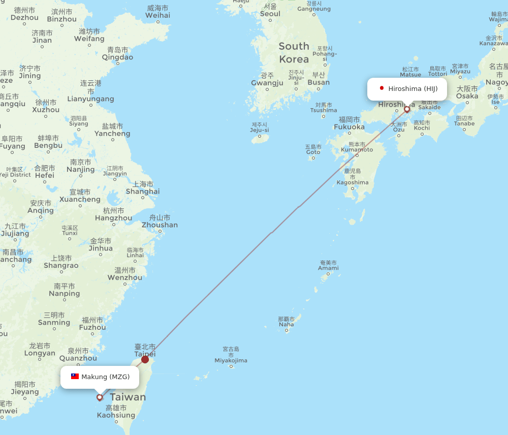 Hiroshima - Magong route map and flight paths