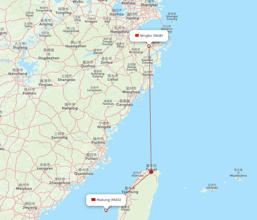 Ningbo - Magong route map and flight paths