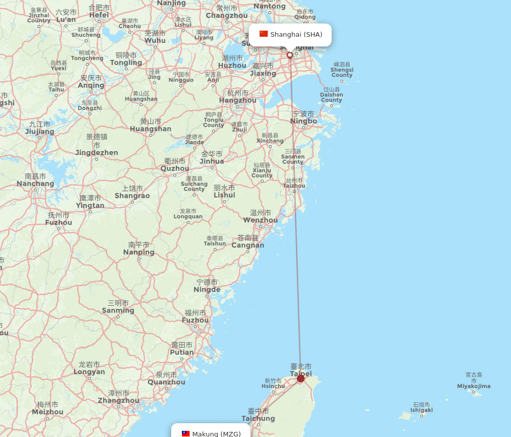 Shanghai - Magong route map and flight paths