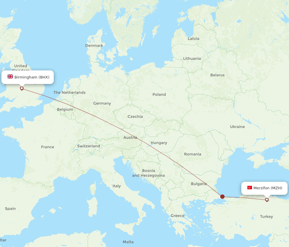 Birmingham - Merzifon route map and flight paths