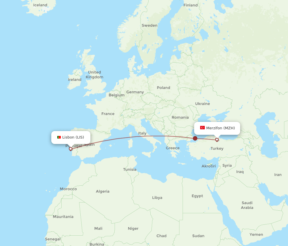 Lisbon - Merzifon route map and flight paths