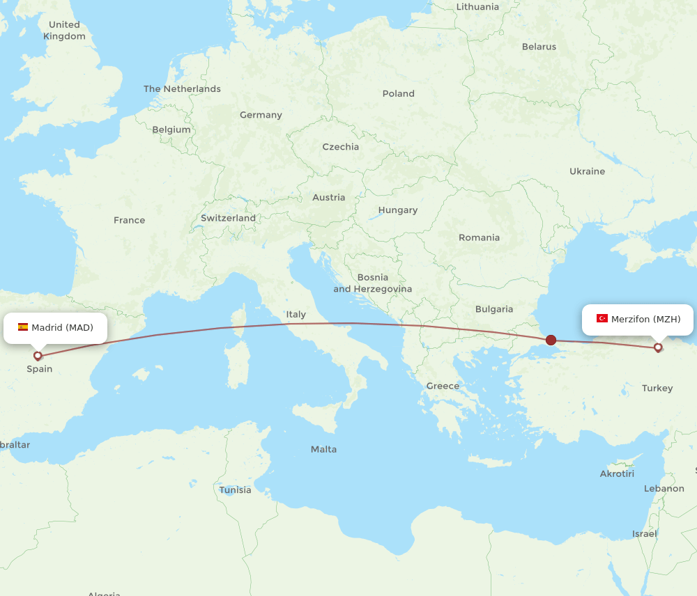 Madrid - Merzifon route map and flight paths