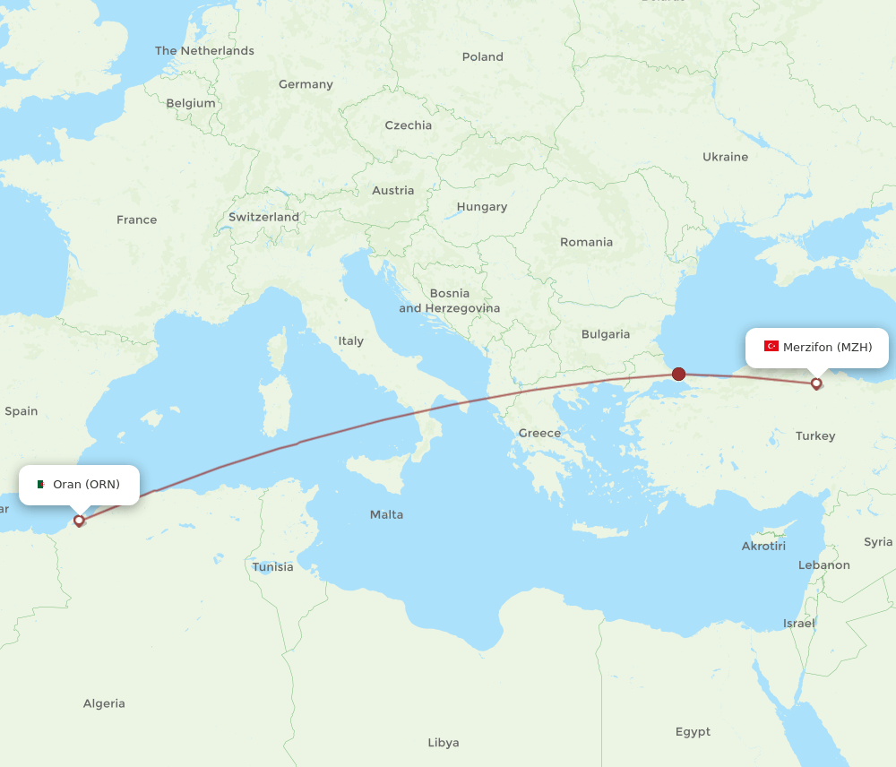Oran - Merzifon route map and flight paths