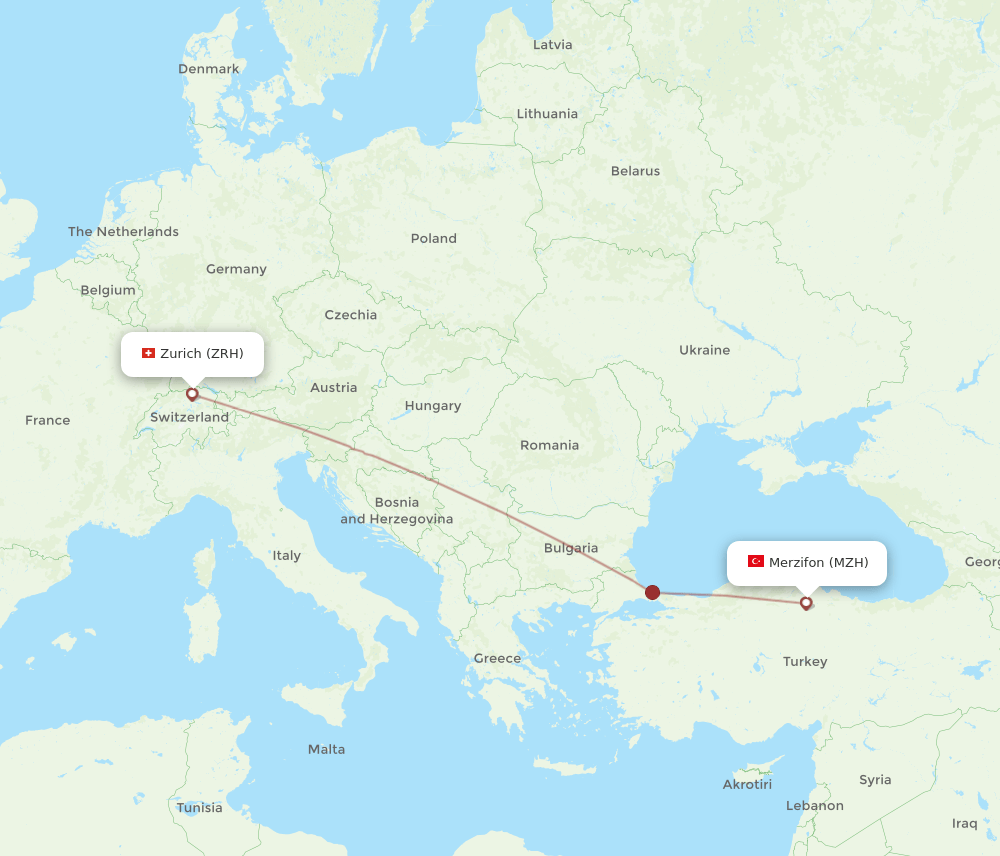 Zurich - Merzifon route map and flight paths
