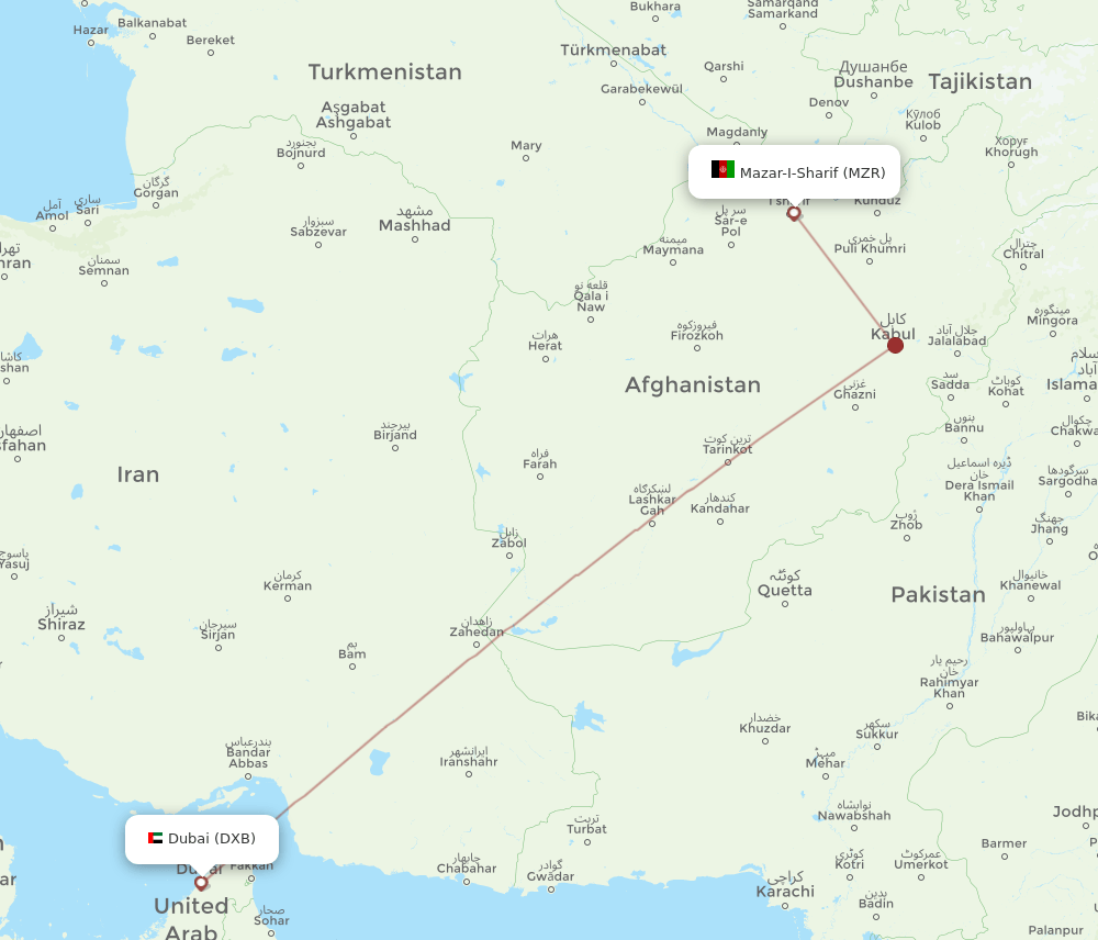 MZR to DXB flights and routes map