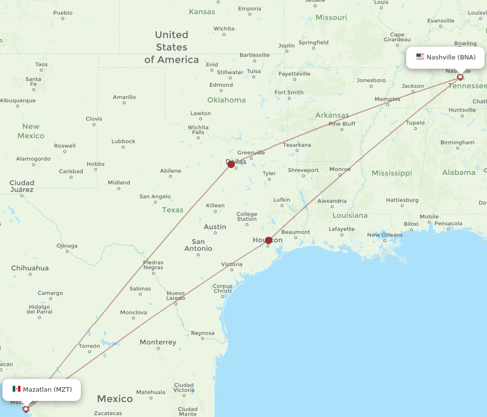 MZT-BNA flight routes