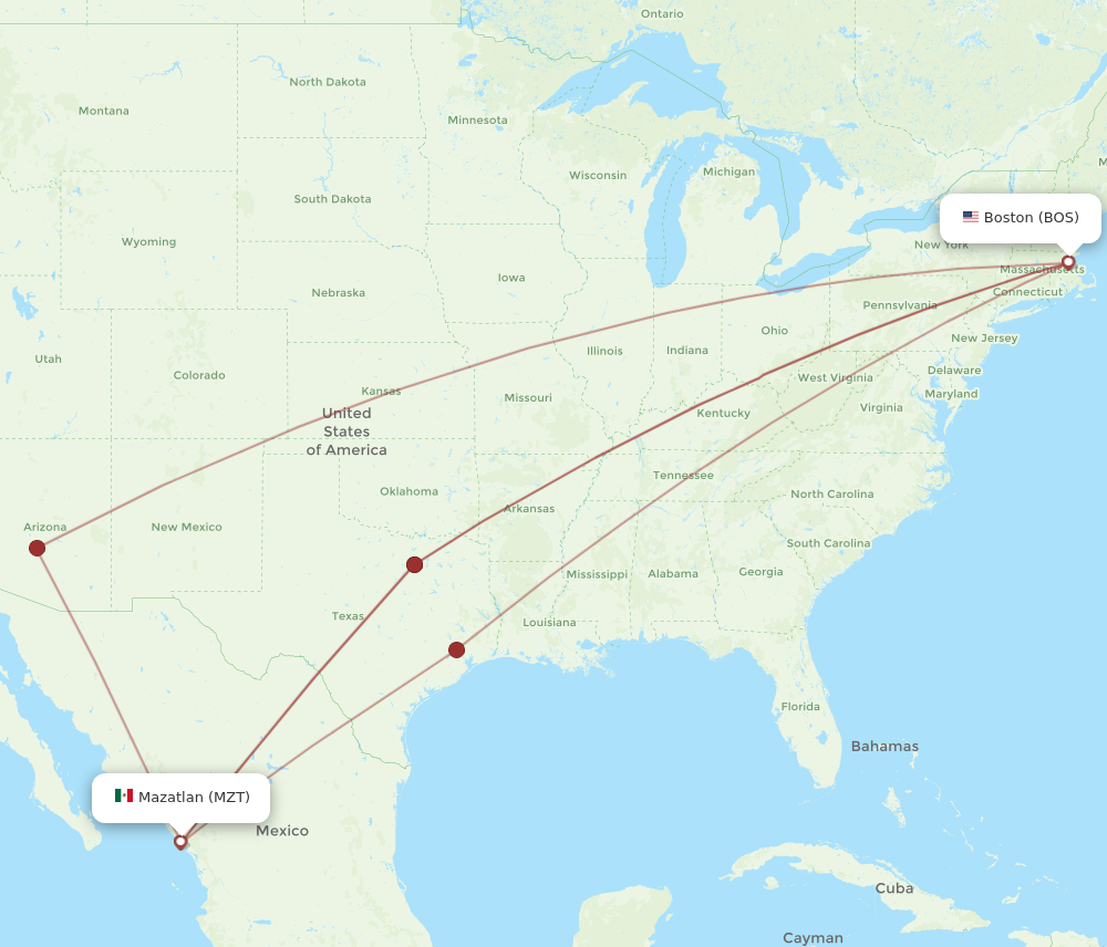 MZT to BOS flights and routes map